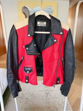 Vintage Acne Studios Colorblock Leather Moto Jacket - Red, Black, Cream
